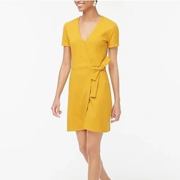 J. Crew Textured Wrap-Style Short Sleeve Yellow Mustard Dress - Picture 1 of 8